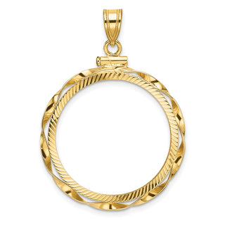 14k Yellow Gold Polished Hand Twisted Ribbon and Diamond-cut 25.0mm x 2.35mm Screw Top Coin Bezel Pendant - Fits 1/2 oz Maple Leaf and Other Coins
