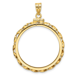 14k Yellow Gold Polished Hand Twisted Ribbon and Diamond-cut 27.0mm x 2.35mm Screw Top Coin Bezel Pendant - Fits 1/2 oz American Eagle, US $10 Liberty, and Other Coins