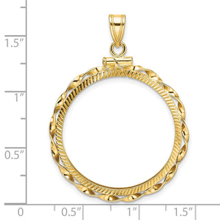 14k Yellow Gold Polished Hand Twisted Ribbon and Diamond-cut 27.0mm x 2.35mm Screw Top Coin Bezel Pendant - Fits 1/2 oz American Eagle, US $10 Liberty, and Other Coins