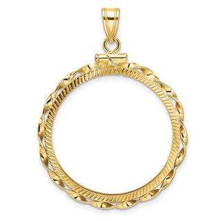 14k Yellow Gold Polished Hand Twisted Ribbon and Diamond-cut 27.0mm x 2.35mm Screw Top Coin Bezel Pendant - Fits 1/2 oz American Eagle, US $10 Liberty, and Other Coins