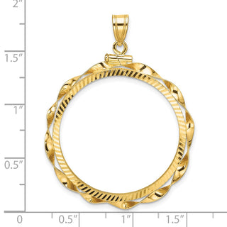 14k Yellow Gold Polished Hand Twisted Ribbon and Diamond-cut 30.0mm x 3.00mm Screw Top Coin Bezel Pendant - Fits 1 oz Maple Leaf and 1/2 oz Cat