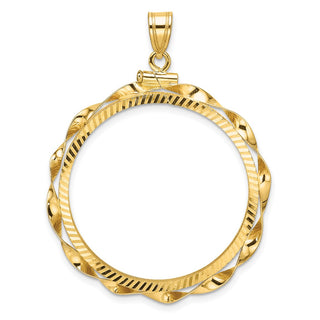 14k Yellow Gold Polished Hand Twisted Ribbon and Diamond-cut 30.0mm x 3.00mm Screw Top Coin Bezel Pendant - Fits 1 oz Maple Leaf and 1/2 oz Cat
