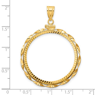 14k Yellow Gold Polished Hand Twisted Ribbon and Diamond-cut 32.7mm x 3.00mm Screw Top Coin Bezel Pendant