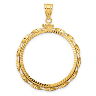 14k Yellow Gold Polished Hand Twisted Ribbon and Diamond-cut 32.7mm x 3.00mm Screw Top Coin Bezel Pendant