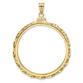 14k Yellow Gold Polished Hand Twisted Ribbon and Diamond-cut 34.2mm x 2.85mm Screw Top Coin Bezel Pendant - Fits US $20 Liberty and US $20 St. Gaudens