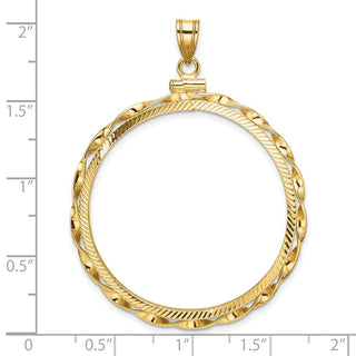14k Yellow Gold Polished Hand Twisted Ribbon and Diamond-cut 34.2mm x 2.85mm Screw Top Coin Bezel Pendant - Fits US $20 Liberty and US $20 St. Gaudens