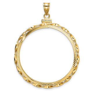 14k Yellow Gold Polished Hand Twisted Ribbon and Diamond-cut 34.2mm x 2.85mm Screw Top Coin Bezel Pendant - Fits US $20 Liberty and US $20 St. Gaudens