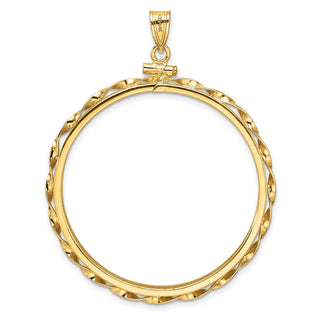 14k Yellow Gold Polished Hand Twisted Ribbon and Diamond-cut 37.0mm x 2.85mm Screw Top Coin Bezel Pendant - Fits 50 Pesos and Centenario