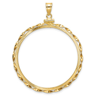 14k Yellow Gold Polished Hand Twisted Ribbon and Diamond-cut 37.0mm x 2.85mm Screw Top Coin Bezel Pendant - Fits 50 Pesos and Centenario