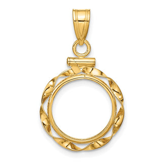 14k Yellow Gold 13mm Hand Twisted Ribbon Screw Top Coin Bezel Pendant - Fits 2 Pesos and US $1