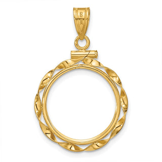 14k Yellow Gold 16mm Hand Twisted Ribbon Screw Top Coin Bezel Pendant - Fits 1/10 oz Maple Leaf, Maple Leaf, and Other Coins