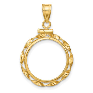 14k Yellow Gold 16mm Hand Twisted Ribbon Screw Top Coin Bezel Pendant - Fits 1/10 oz Maple Leaf, Maple Leaf, and Other Coins