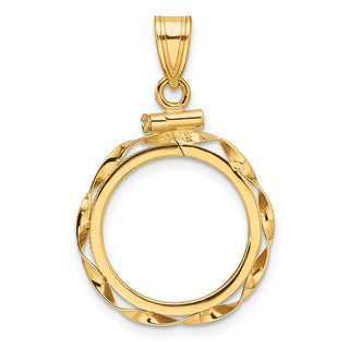 10k Polished Hand Twisted Ribbon 16.5mm x 1.35mm Screw Top Coin Bezel Pendant - Fits 1/10 oz American Eagle and 1/10 oz Krugerrand