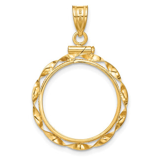 14k Yellow Gold 18mm Hand Twisted Ribbon Screw Top Coin Bezel Pendant - Fits 1/10 oz Cat, 1/10 oz Panda, and US Dime