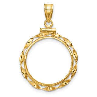 14k Yellow Gold 18mm Hand Twisted Ribbon Screw Top Coin Bezel Pendant - Fits 1/10 oz Cat, 1/10 oz Panda, and US Dime