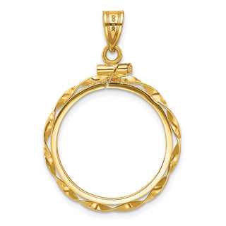 14k Yellow Gold 21.6mm Hand Twisted Ribbon Screw Top Coin Bezel Pendant - Fits US $5 Bald Eagle, US $5 Congressional, US $5 Liberty, and Other Coins