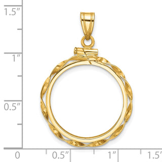 14k Yellow Gold 21.6mm Hand Twisted Ribbon Screw Top Coin Bezel Pendant - Fits US $5 Bald Eagle, US $5 Congressional, US $5 Liberty, and Other Coins