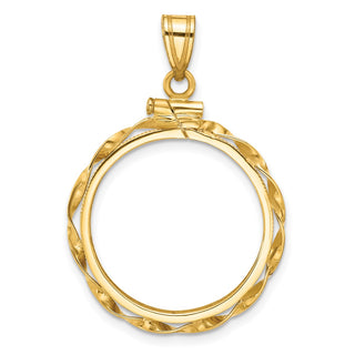14k Yellow Gold 21.6mm Hand Twisted Ribbon Screw Top Coin Bezel Pendant - Fits US $5 Bald Eagle, US $5 Congressional, US $5 Liberty, and Other Coins