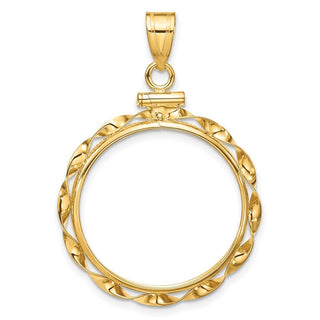 10k Yellow Gold Polished Hand Twisted Ribbon 22.0mm x 1.9mm Screw Top Coin Bezel Pendant - Fits 1/4 oz American Eagle and Other Coins