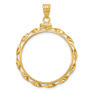 14k Yellow Gold 25.0mm Hand Twisted Ribbon Screw Top Coin Bezel Pendant - Fits 1/2 oz Maple Leaf and Other Coins