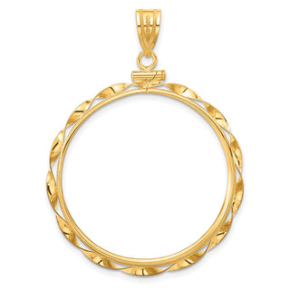 14k Yellow Gold 32.7mm Hand Twisted Ribbon Screw Top Coin Bezel Pendant - Fits 1 oz American Eagle, 1 oz Cat, and 1 oz Krugerrand