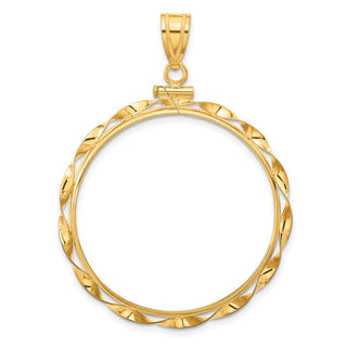10k Yellow Gold Polished Hand Twisted Ribbon 32.7mm x 3.00mm Screw Top Coin Bezel Pendant - Fits 1 oz American Eagle, 1 oz Cat, and 1 oz Krugerrand