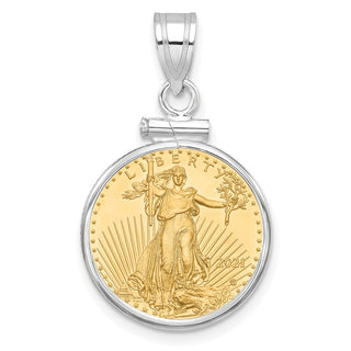 14k White Gold Polished Mounted 1/10oz American Eagle Screw Top Coin Bezel Pendant