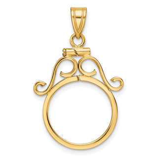 14k Yellow Gold 16.5mm English Scroll Screw Top Coin Bezel Pendant - Fits 1/10 oz American Eagle and 1/10 oz Krugerrand