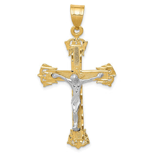 14k Yellow and White Gold Diamond-Cut Fleur De Lis Crucifix Pendant C2000