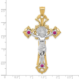 14k Two-tone Gold Polished with Red CZs Crucifix Pendant C2034