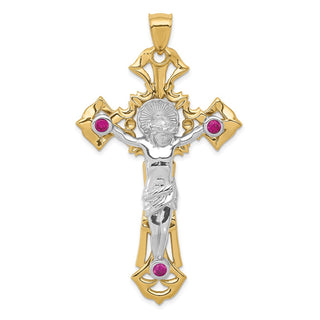 14k Two-tone Gold Polished with Red CZs Crucifix Pendant C2034