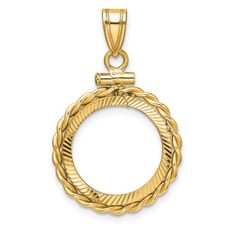 14k Yellow Gold Polished Twisted Wire and Diamond-cut 16.0mm x 1.35mm Screw Top Coin Bezel Pendant - Fits Maple Leaf