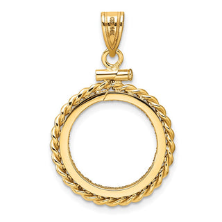 14k Yellow Gold Polished Twisted Wire and Diamond-cut 16.5mm x 1.35mm Screw Top Coin Bezel Pendant - Fits 1/10 oz American Eagle and 1/10 oz Krugerrand