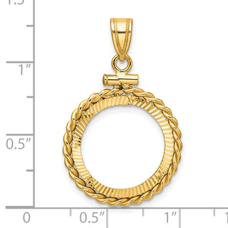 14k Yellow Gold Polished Twisted Wire and Diamond-cut 16.5mm x 1.35mm Screw Top Coin Bezel Pendant - Fits 1/10 oz American Eagle and 1/10 oz Krugerrand