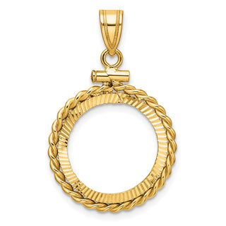 14k Yellow Gold Polished Twisted Wire and Diamond-cut 16.5mm x 1.35mm Screw Top Coin Bezel Pendant - Fits 1/10 oz American Eagle and 1/10 oz Krugerrand