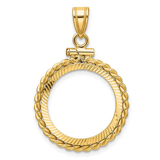 14k Yellow Gold Polished Twisted Wire and Diamond-cut 17.8mm x 1.35mm Screw Top Coin Bezel Pendant - Fits US $2.50 Liberty and Other Coins