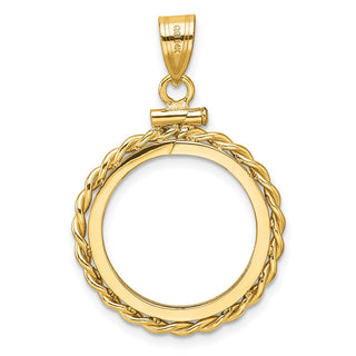 14k Yellow Gold Polished Twisted Wire and Diamond-cut 18.0mm x 1.35mm Screw Top Coin Bezel Pendant - Fits 1/10 oz Cat