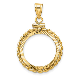 14k Yellow Gold Polished Twisted Wire and Diamond-cut 18.0mm x 1.35mm Screw Top Coin Bezel Pendant - Fits 1/10 oz Cat