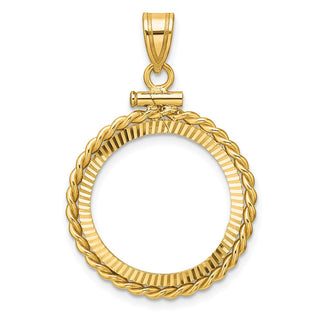 14k Yellow Gold Polished Twisted Wire and Diamond-cut 19.0mm x 1.1mm Screw Top Coin Bezel Pendant - Fits 5 Pesos