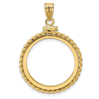 14k Yellow Gold Polished Twisted Wire and Diamond-cut 21.6mm x 1.7mm Screw Top Coin Bezel Pendant - Fits US $5 Bald Eagle, US $5 Congressional, US $5 Liberty, and Other Coins