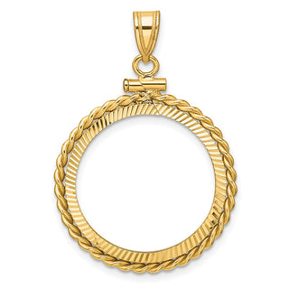 14k Yellow Gold Polished Twisted Wire and Diamond-cut 21.6mm x 1.7mm Screw Top Coin Bezel Pendant - Fits US $5 Bald Eagle, US $5 Congressional, US $5 Liberty, and Other Coins