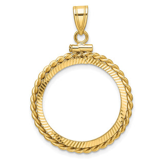 14k Yellow Gold Polished Twisted Wire and Diamond-cut 22.0mm x 1.9mm Screw Top Coin Bezel Pendant - Fits 1/4 oz American Eagle and Other Coins