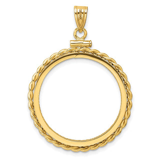 14k Yellow Gold Polished Twisted Wire and Diamond-cut 25.0mm x 2.35mm Screw Top Coin Bezel Pendant - Fits 1/2 oz Maple Leaf and Other Coins