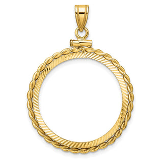 14k Yellow Gold Polished Twisted Wire and Diamond-cut 25.0mm x 2.35mm Screw Top Coin Bezel Pendant - Fits 1/2 oz Maple Leaf and Other Coins