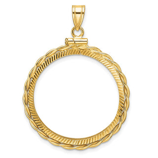 14k Yellow Gold Polished Twisted Wire and Diamond-cut 27.0mm x 2.35mm Screw Top Coin Bezel Pendant - Fits 1/2 oz American Eagle, US $10 Liberty, and Other Coins