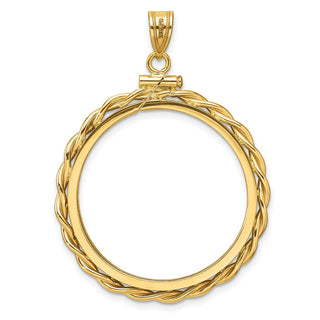 14k Yellow Gold Polished Twisted Wire and Diamond-cut 27.5mm x 2.1mm Screw Top Coin Bezel Pendant - Fits 20 Pesos