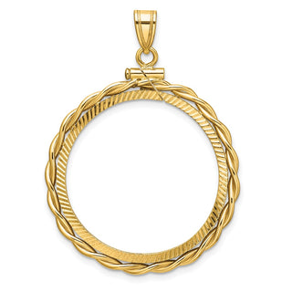 14k Yellow Gold Polished Twisted Wire and Diamond-cut 27.5mm x 2.1mm Screw Top Coin Bezel Pendant - Fits 20 Pesos