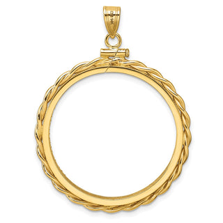 14k Yellow Gold Polished Twisted Wire and Diamond-cut 30.0mm x 3.00mm Screw Top Coin Bezel Pendant - Fits 1 oz Maple Leaf and 1/2 oz Cat