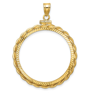 14k Yellow Gold Polished Twisted Wire and Diamond-cut 30.0mm x 3.00mm Screw Top Coin Bezel Pendant - Fits 1 oz Maple Leaf and 1/2 oz Cat