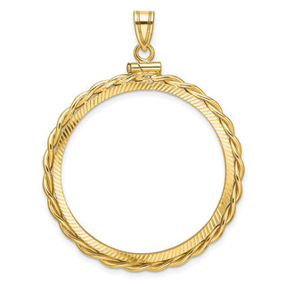 14k Yellow Gold Polished Twisted Wire and Diamond-cut 32.0mm x 2.85mm Screw Top Coin Bezel Pendant - Fits 1 oz Australian Nugget, 1 oz Kangaroo, 1 oz Panda, and Other Coins